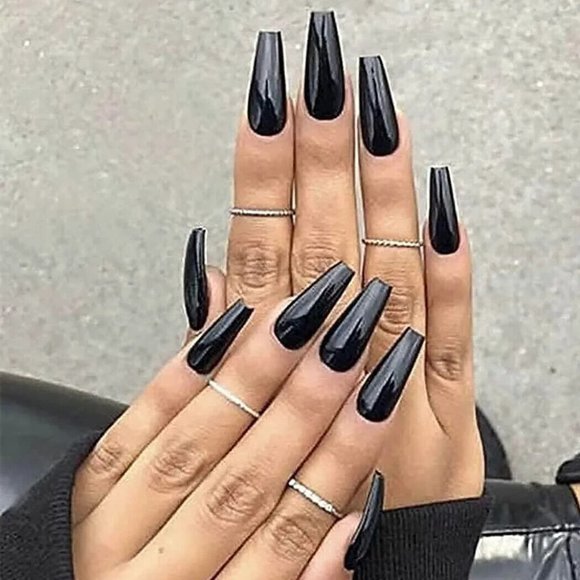 Dreamyn Coffin Press On Super Long Black Fake Nails Full Cover Acrylic - Picture 2 of 3